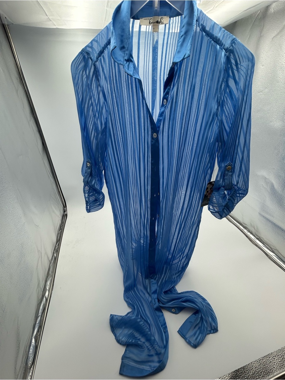 Blue sheer long-sleeve buttoned top